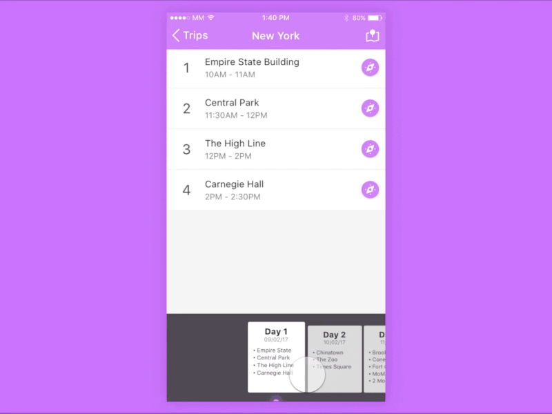 Trip Planner App - Changing Day animation design interaction itinerary planning travel trip ui user experience user interface ux vacation