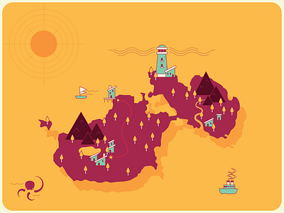 Island map boat illustration island lighthouse map ocean octopus sun
