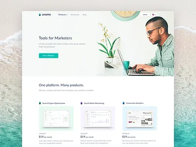 Unamo Homepage conversion landing martketing seo social tools turquoise ui unamo