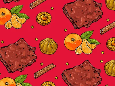 Illustrative Pattern: Chinese New Year Goodies chinese new year food goodies illustration jerky mandarin oranges pattern singapore