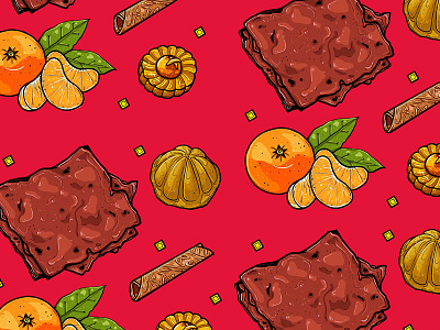 Illustrative Pattern: Chinese New Year Goodies chinese new year food goodies illustration jerky mandarin oranges pattern singapore