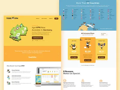 Landing page design for VPN service app character isometric landingpage map pastel tiger ui ux vpn yellow