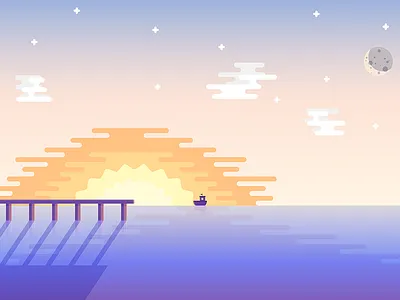 Sunset Boat boat flat illustration sea stars sunset wallpaper