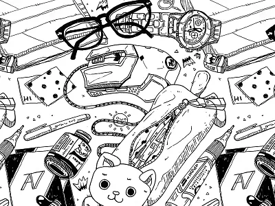 Illustrative Pattern: On My Desk cat disemboweled drawing illustrative linework pattern random
