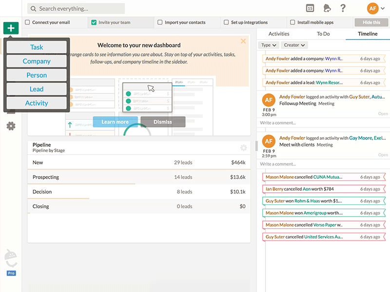 Nutshell Global Create UI create new crm modal popover ui