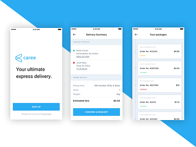 Caree app - online delivery app blue clean delivery mobile online summary ui ux white