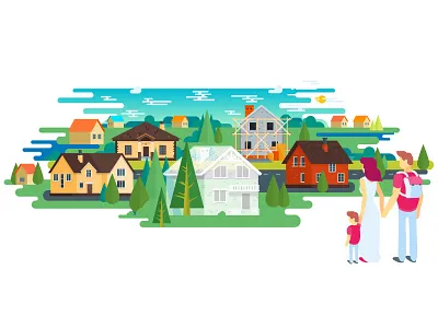 Village 2d flat illustration landscape material design summer vector village web