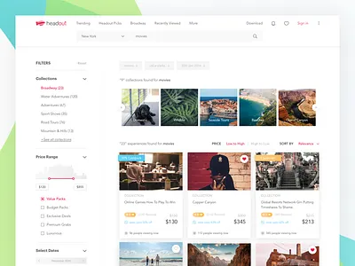 Desktop Search Results activity cards categories collection desktop filters headout product results search travel website