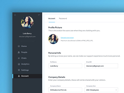 Dashboard - Account Details Page account crm dashboard details help live password profile settings support