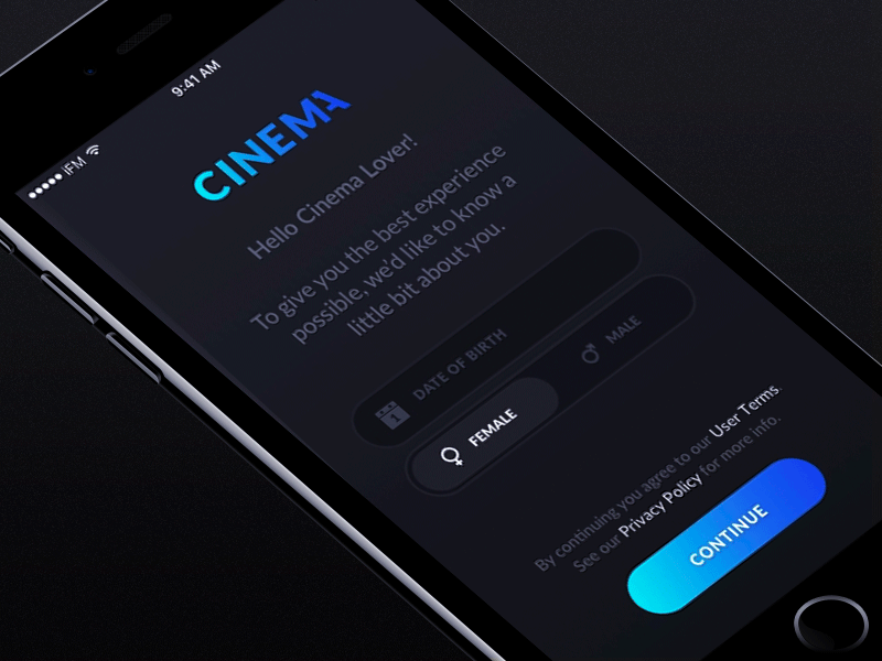 Cinema Onboarding Microinteraction cinema date of birth gender intro ios microinteraction mobile app onboarding switch button ui ux visual design