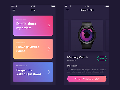 Customer Support and Orders History Screens [Dark Version] app block card ecommerce gradients ipad iphone ui
