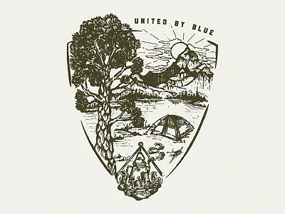 Coffee Camp Scene badge camping coffee illustration mountains outdoors pen wip woodcut