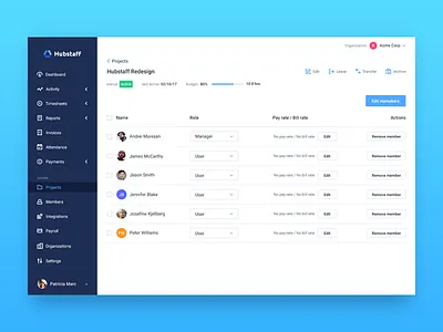 Project details app budget dashboard icons list project sidebar table team time tracking ui