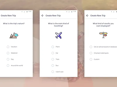 Create New Trip android flat light material mininal mobile process questions steps ui ux white