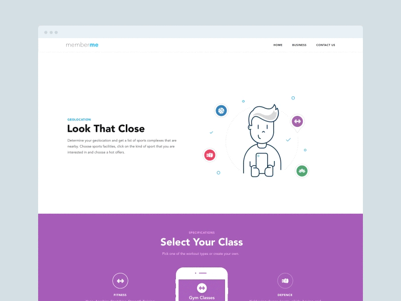 Landing page for Member Me class payment flat iphone 7 landing page linear illustration navigation motion pictogram icons set qr authorisation scan contacts login selecto website sport icon set startup layout