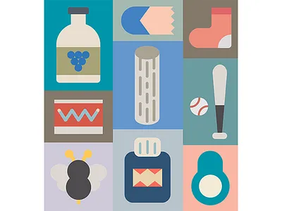 abstract illustration #6 avocado baseball bee bottle drum insect jar log medicine pill pot sock