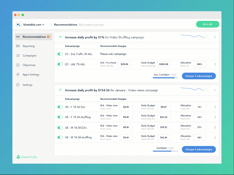 Recommendations: Clearmob ads dashboard interaction interface productivity recommendation ui ux web app