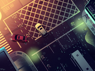 up above illustration lamp light night rain street travel trystram window