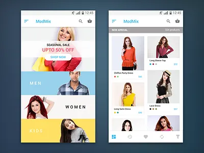 ModMix android app brands cart checkout fashion graphic design online shopping product card sidebar ui ux