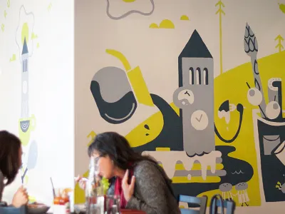 Mural at Bruncheonette art brunch cafe characters food illustration local mural painting pnw restaurant spokane