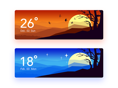 Weather Widget bird scenery dusk illustrations weather color moon mountain theme night landscape sky starry sun sunshine tree