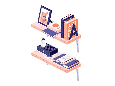 Salmon shelves art books chess illustration iso isometric japan shelf