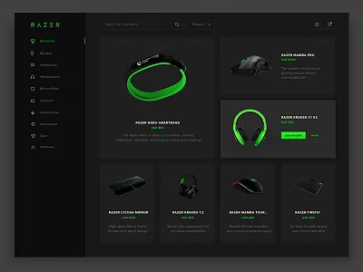 Razer Store Redesign black colors bootstrap grid layout brand redesign clean minimal design dark interface mobile responsive razer concept redesign razer store dashboard store design concept