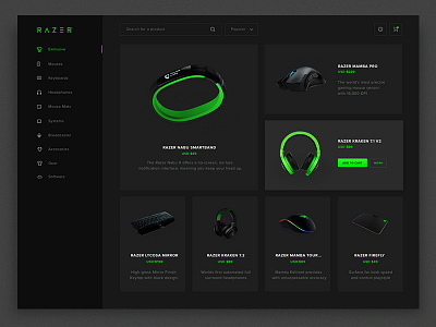Razer Store Redesign black colors bootstrap grid layout brand redesign clean minimal design dark interface mobile responsive razer concept redesign razer store dashboard store design concept