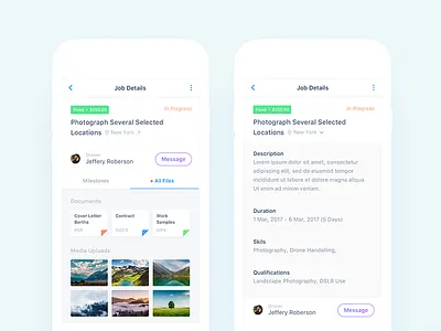 Job Details Collapsed and Expanded Views android app details ecommerce flat ios job navigation profile reviews social