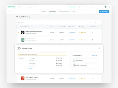 Course History table UI clean ui course dashboard file upload filter material search sort table user ux