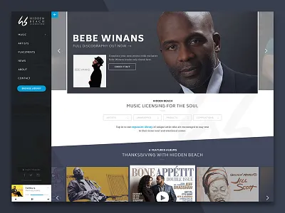 Hidden Beach Recordings: Music Licensing Website bold clean jazz licensing music music player purple side navigation sidebar soul ui website