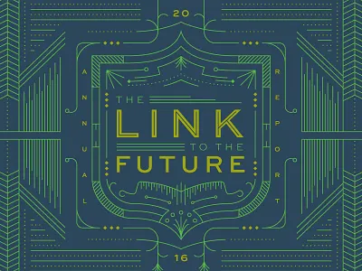 Link to the Future annual report cover editorial illustration line monoline report shield