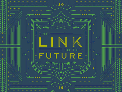 Link to the Future annual report cover editorial illustration line monoline report shield