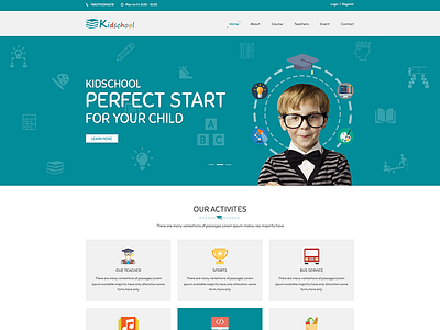 Kidschool – Kindergarten School PSD Template campus children course courses creative school education elementary event events kid kids
