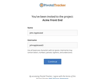 Pivotal Tracker sign up screen invitation new user product design sign up ui