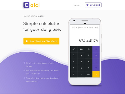 Calci - Landing Page Design andriod app interface landing landing page purple ui ux