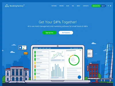 Booking Factory Homepage blue booking city cityscape hero hotel laptop