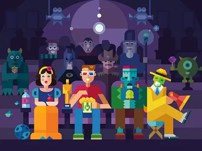 Let's go to the Сinema! camera cinema flat food illustration items mask movie popcorn props snow white