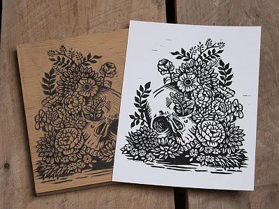 Past Lives - Block Print art block print design floral flowers illustration linocut linoprint skull