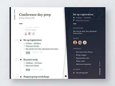 Event Planner App activity app checklist dark event layer. minimal planning sidebar timeline ui