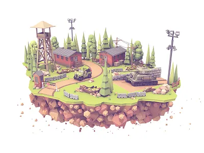 Military Island 3d base bunkers c4d defense island jeep military protection render roadblock tank