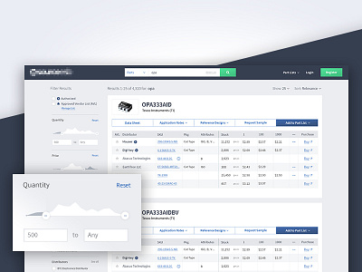 Parts Search Engine - Search Results data directory filter input search slider subnav table ui
