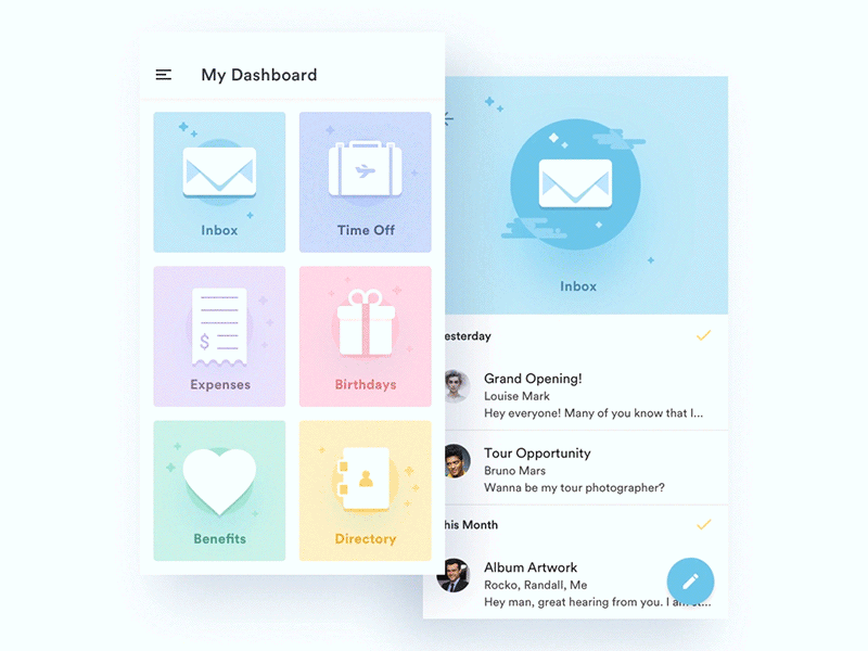 Dashboard Transition android app icons card transition hr icons inbox material material motion motion principle prototype spinner transition