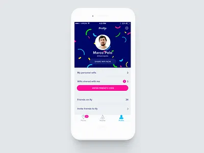Profile app screen colors connection friends internet invite personal profile red share wifi