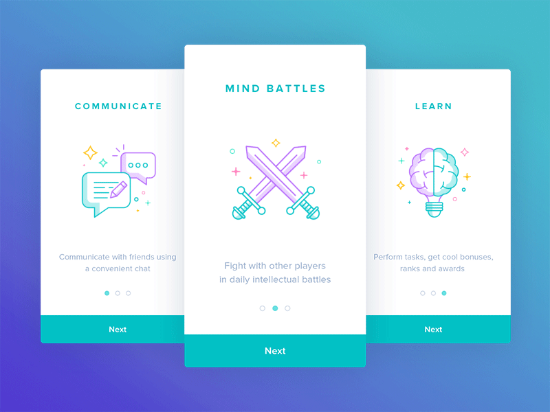 Onboarding screens animation app brain bulb chat icons intellect ios mobile onboard pugacheva swords