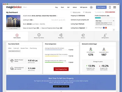 Owner Dashboard for Magicbricks dashboard design landing page magicbricks property site ui ux webpage wireframe