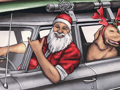 Happy Hollow Days car christmas mountain santa claus surfboard