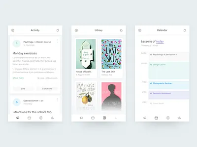 Classroom app ios iphone book course university school flat gradient shadow minimal grid type typography library calendar chat read blog utility productivity social message messenger medium story stories exercise ux ui interaction reading white clean light