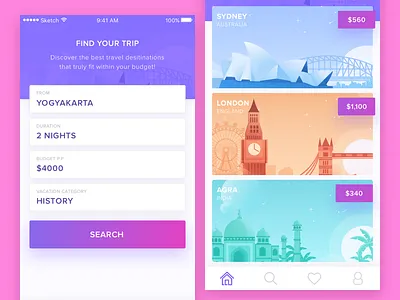 Just Go App - Travelling On Your Way app card form gradient holiday home thumbnail ticket travel trip