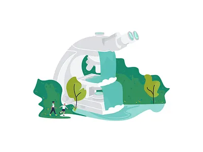 Spring break! hiking illustration microscope people trees waterfall